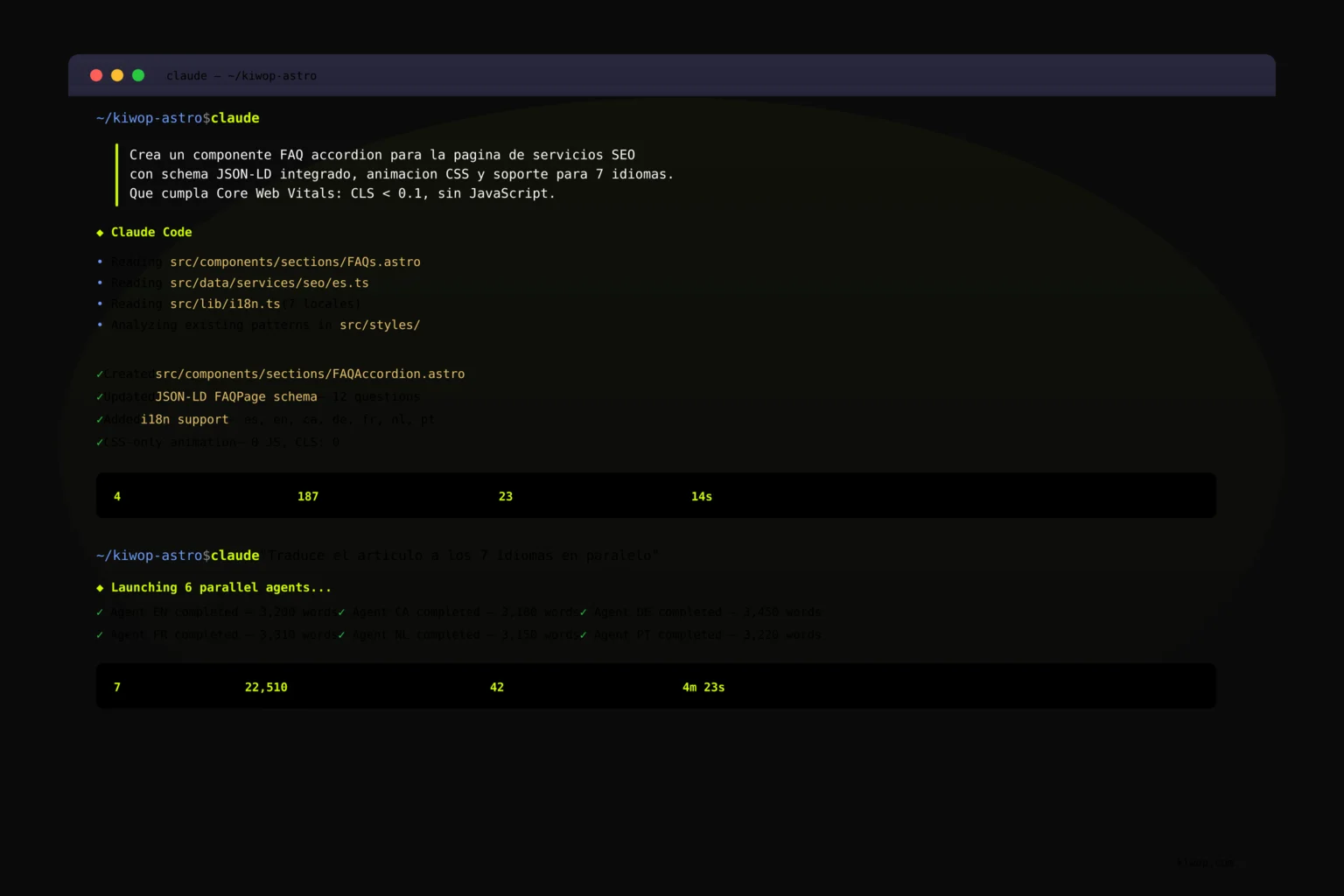 Terminal de Claude Code en un proyecto de Kiwop mostrando generación de código con IA