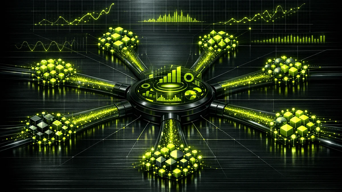 Visualizacion abstracta de gestion de comunidades y redes sociales con hub de engagement