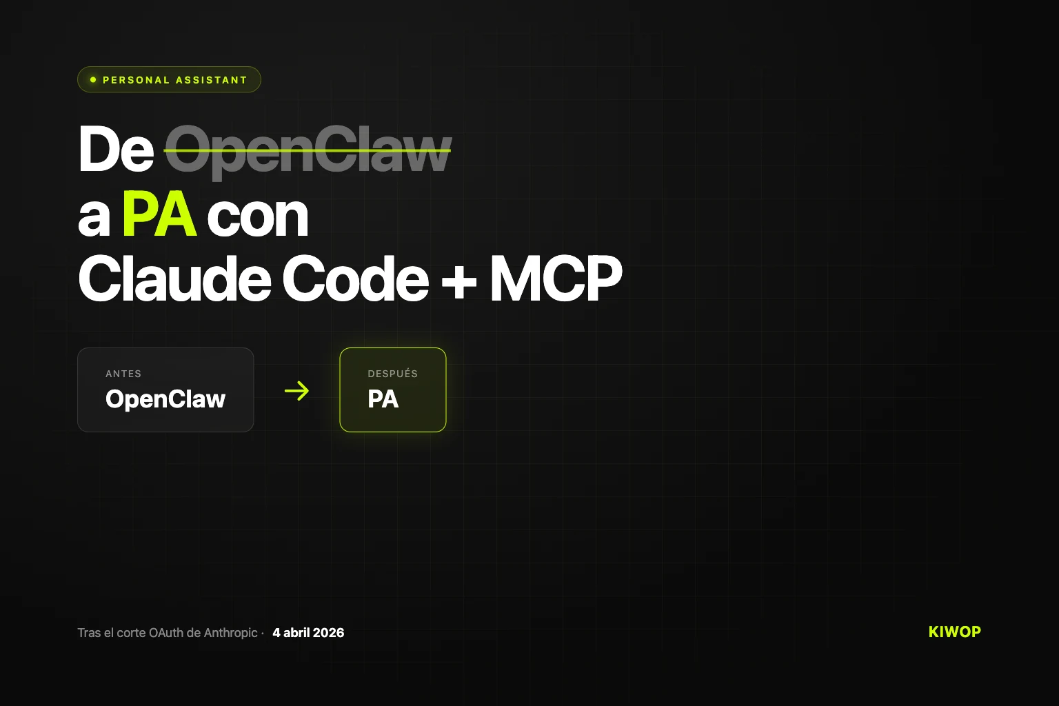 De OpenClaw a PA con Claude Code y MCP — cambio de stack tras el corte de Anthropic del 4 abril 2026