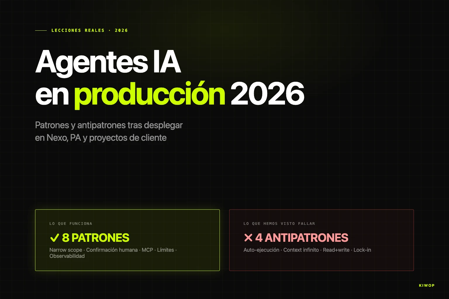 Patrones y antipatrones de agentes IA en producción — lecciones reales de Kiwop tras desplegar Brain, PA y proyectos de cliente